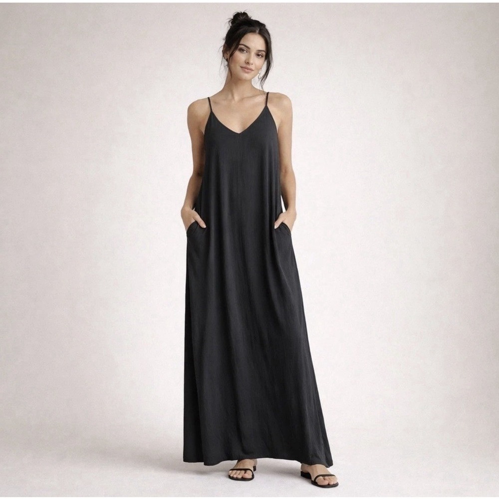 New Lovestitch Charcoal Gray Maxi Slip Dress with Pockets | Minimalist Crepe M/L